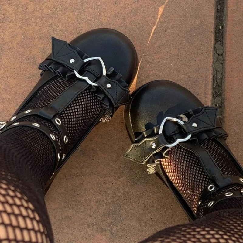 Boots - รองเท้าส้นเตารีดแบบมีสายรัดรูปหัวใจสีชมพูสำหรับผู้หญิง สไตล์โลลิต้า พังก์ กอธิค คอสเพลย์ ไซส์