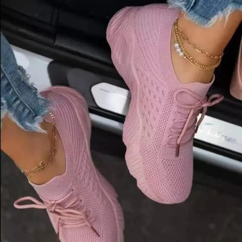 Knit Fabric Lace Up Sneakers - รองเท้าผ้าใบถักลำลองสำหรับผู้หญิง ระบายอากาศได้ดี แบบสวมและแบบผูกเชือก พื้นหนา ใส่สบาย เหมาะสำหรับกิจกรรมกลางแจ้งและเดินทุกวัน