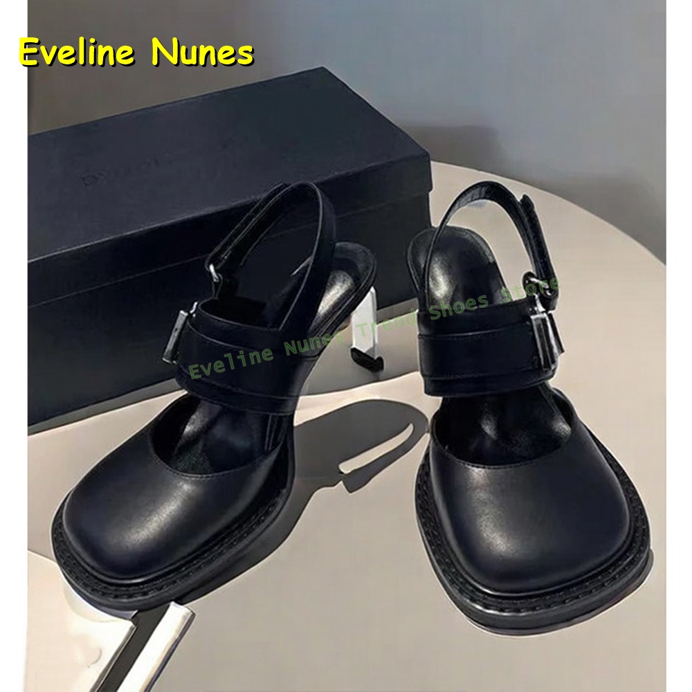 Boots - รองเท้าส้นสูงแบบสวมเปิดส้น สีดำ หัวเหลี่ยม ประดับหัวเข็มขัด สายรัดหลัง พื้นหนา