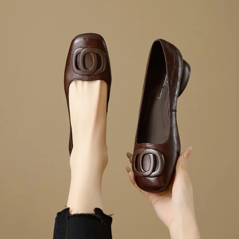 Women'S Shoes - รองเท้าส้นสูงสไตล์ฝรั่งเศสสำหรับผู้หญิง รองเท้าหนังหัวเหลี่ยม แฟชั่นรองเท้าผู้หญิง