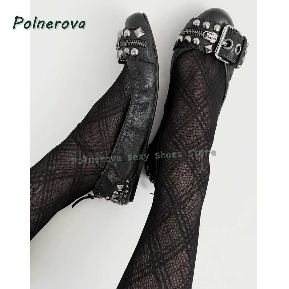 Boots - รองเท้าส้นเตี้ยแบบมีซิปประดับตกแต่ง รุ่น Mary Jane หัวแหลม พร้อมหัวเข็มขัดแบบ