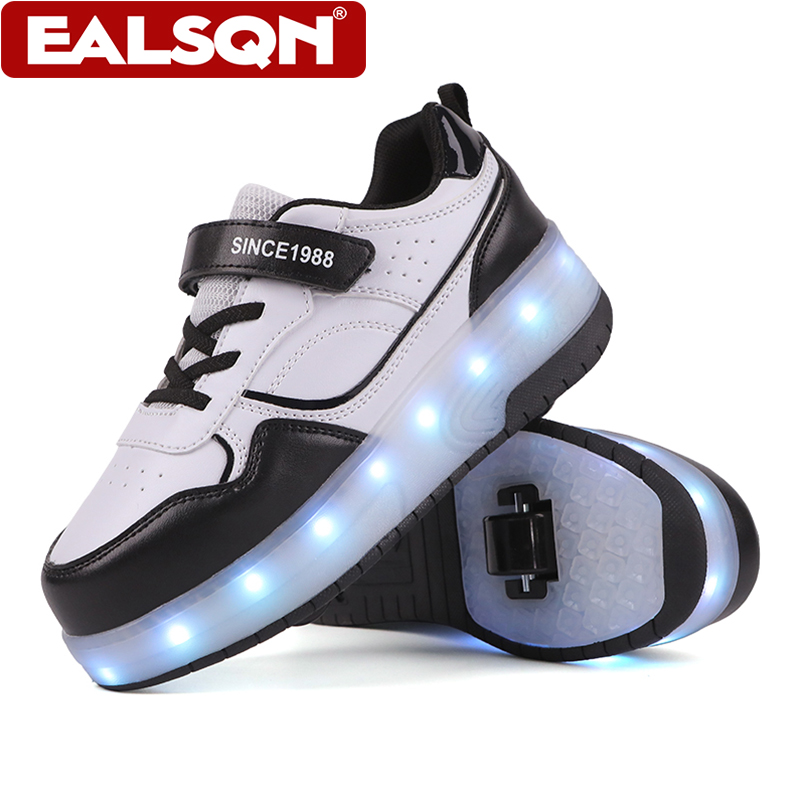 Men'S Shoes - รองเท้าสเก็ตล้อ LED สำหรับเด็ก ดีไซน์ล้อคู่ พร้อมสายรัดเวลโคร รองเท้าสเก็ตสำหรับเด็กผู้ชายและเด็กผู้หญิง