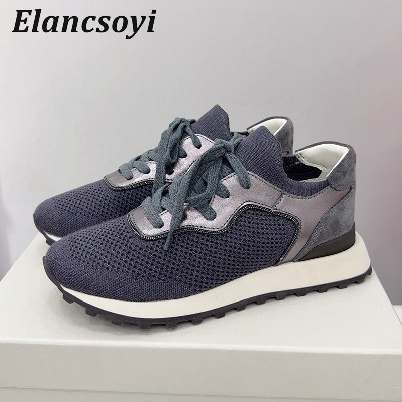 รองเท้าผ้าใบผู้หญิงแบบสวม  ตกแ - Knit Fabric Lace Up Sneakers บทวิจารณ์และราคา