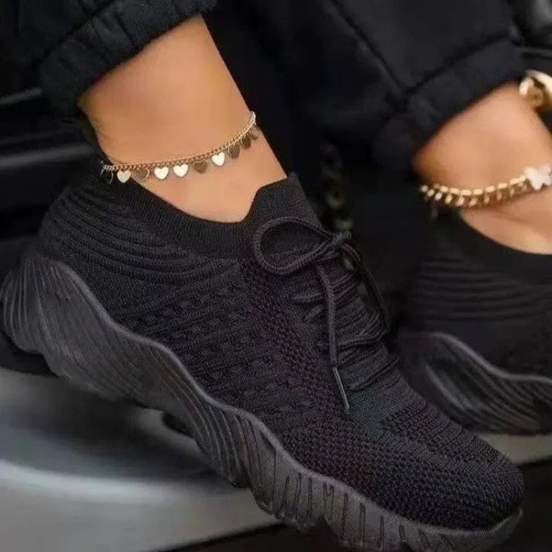 รองเท้าผ้าใบถักลำลองสำหรับผู้ห - Knit Fabric Lace Up Sneakers บทวิจารณ์และราคา