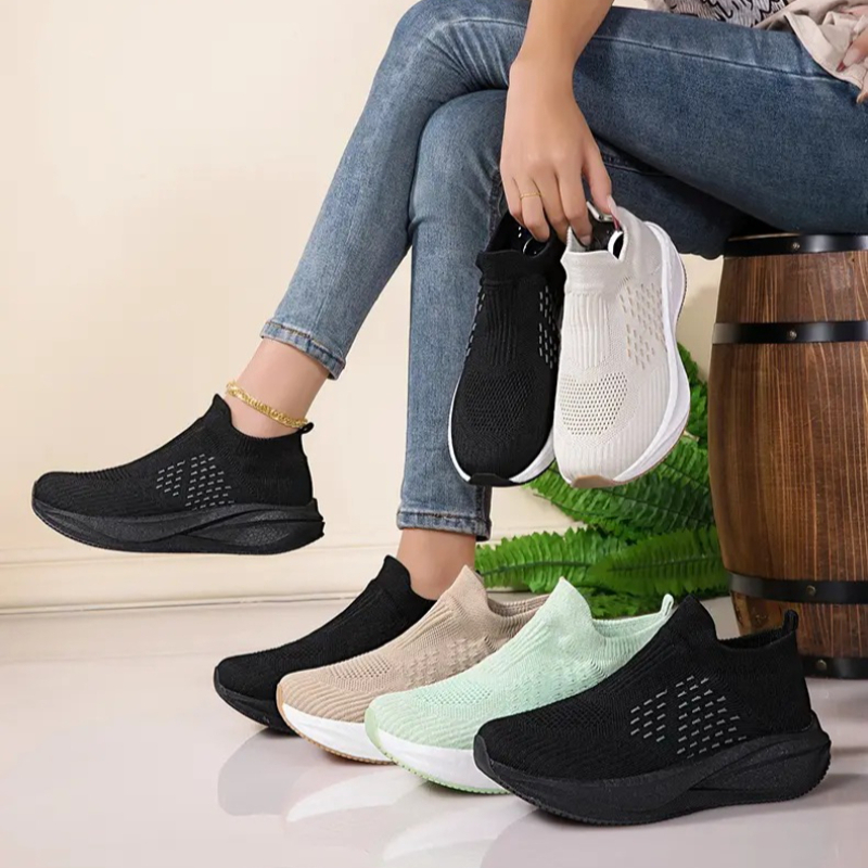 รองเท้าวิ่งแบบสวมสำหรับทุกเพศ  - Knit Fabric Lace Up Sneakers บทวิจารณ์และราคา